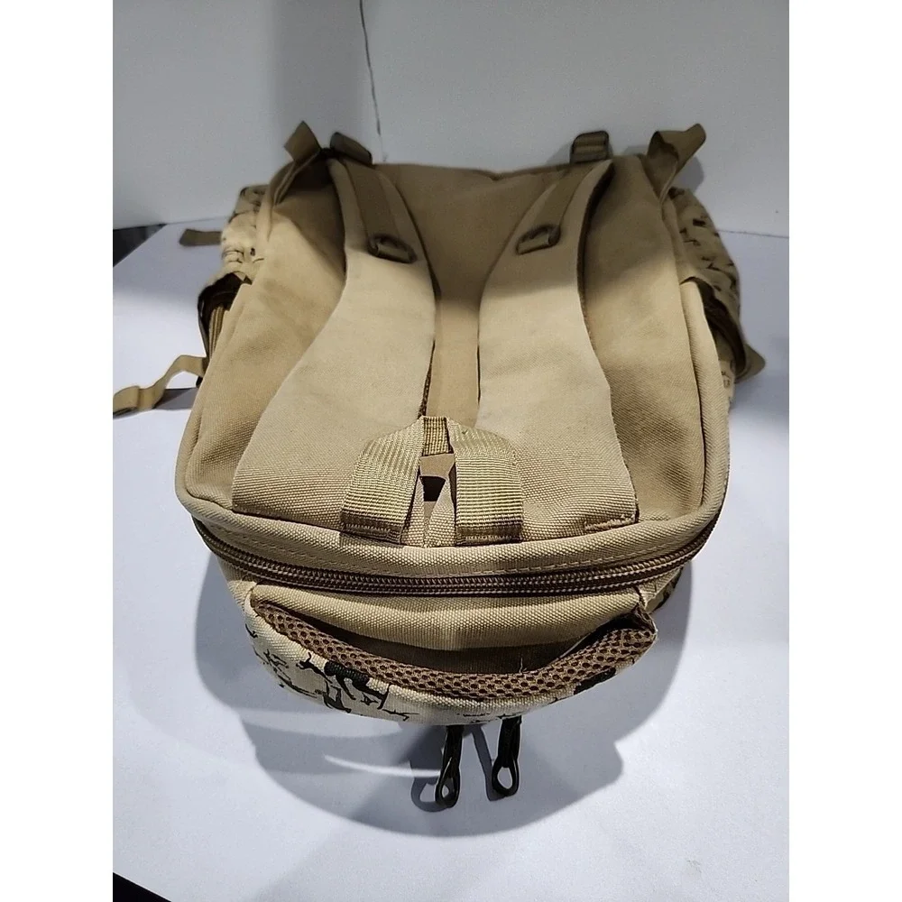 Tan Khaki Canvas Backpack Silhouette Print Multi Pocket Travel Bag
